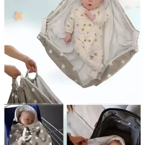 Baby in einem praktischen Pucktuch mit Griffen, verwendet zum Tragen, als Decke und für den Kinderwagen.