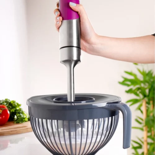 Eine Hand hält einen Stabmixer, der in eine multifunktionale Schüssel mit Griff und transparentem Sieb eingesetzt ist.