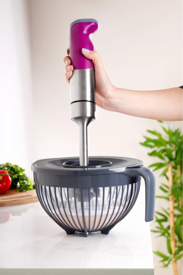 Eine Hand hält einen Stabmixer, der in eine multifunktionale Schüssel mit Griff und transparentem Sieb eingesetzt ist.