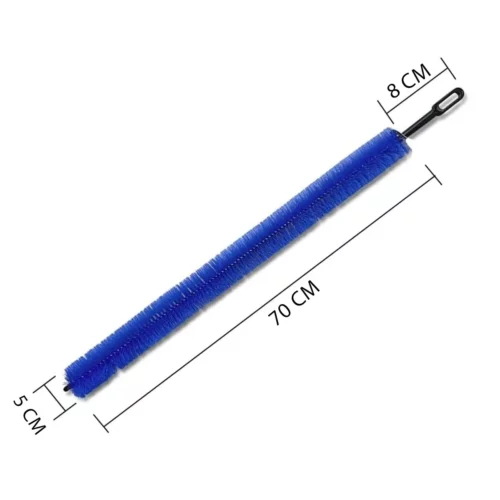Einzelne Heizkörper-Reinigungsbürste mit detaillierten Maßangaben – Länge 70 cm, flexible Borsten, Plastikgriff.