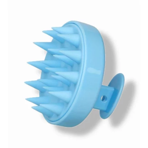 Blaue Silikon-Kopfmassagebürste mit ergonomischem Griff und weichen Spitzen für die Haarpflege.