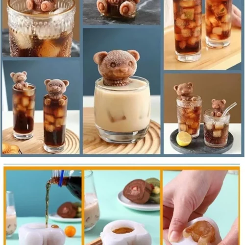 3D Bärenförmige Eiswürfel, hergestellt mit einer Silikonform, präsentiert in verschiedenen Getränken wie Kaffee und Cocktails.