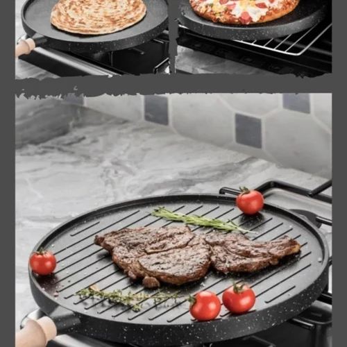 Runde doppelseitige Granitpfanne mit abnehmbarem Griff, auf der Steak, Pizza und Fladenbrot zubereitet werden.