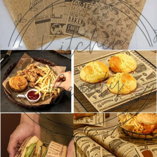Vintage-Zeitungsmuster Back- und Servierpapier, verwendet für Burger, Pommes und Gebäckpräsentation.