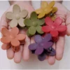 Eine Hand hält sechs blumenförmige Haarklammern in verschiedenen matten Farben, darunter Beige, Olivgrün, Rot, Senfgelb, Terrakotta und Lila.
