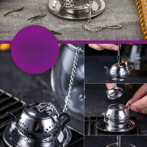 Teekannenförmiges Edelstahl-Teesieb mit Kette, perfekt für losen Tee, gezeigt in verschiedenen Nutzungsszenarien.