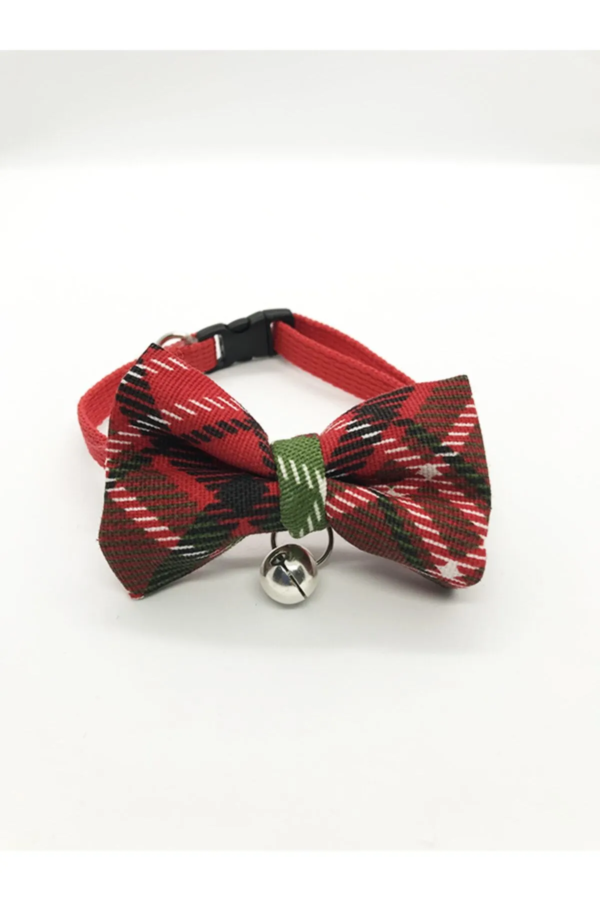 Rotes verstellbares Katzenhalsband mit kariertem Schleifenmotiv und Glöckchen