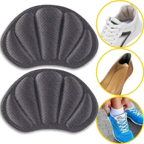 Schwarze, gepolsterte Fersenpads mit Stoffoberfläche – Anwendung in verschiedenen Schuhmodellen gezeigt