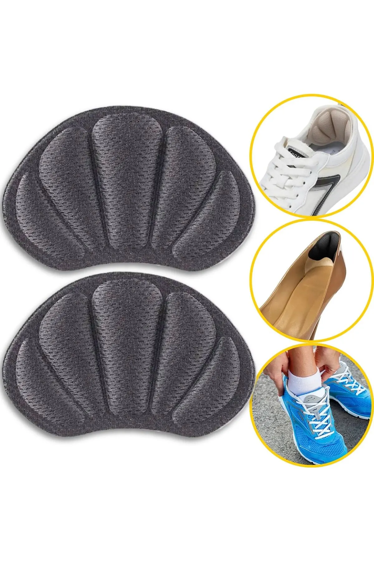 Schwarze, gepolsterte Fersenpads mit Stoffoberfläche – Anwendung in verschiedenen Schuhmodellen gezeigt
