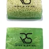 Handgemachte grüne Naturseife mit eingebetteter Kürbisfaser und "Rise & Shine"-Logo